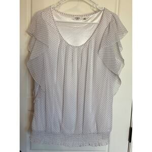 Cato White Polkadot Blouson/Ruffle Short Sleeve Lined Pull-Over Top Plus 18-20W
